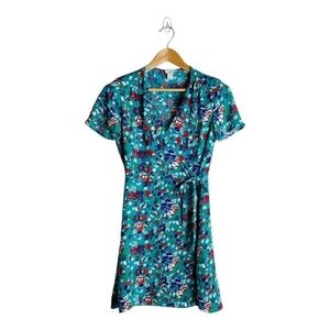 🍀J Crew Teal Floral Flutter Sleeve Wrap Dress Women’s Size 4